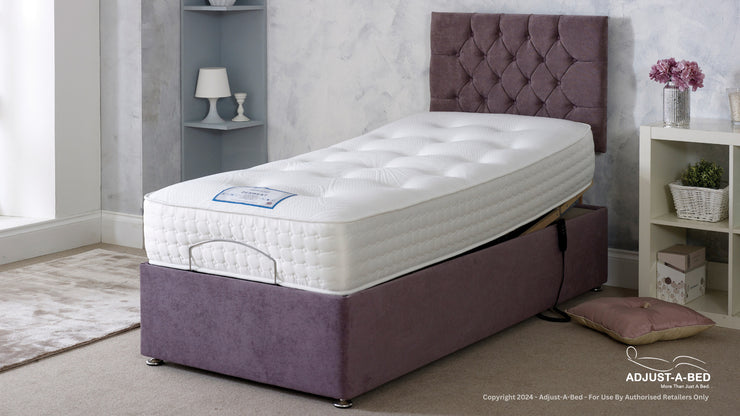 A stylish adjustable mattress featuring a vibrant purple headboard and footboard, perfect for a cozy bedroom setup.